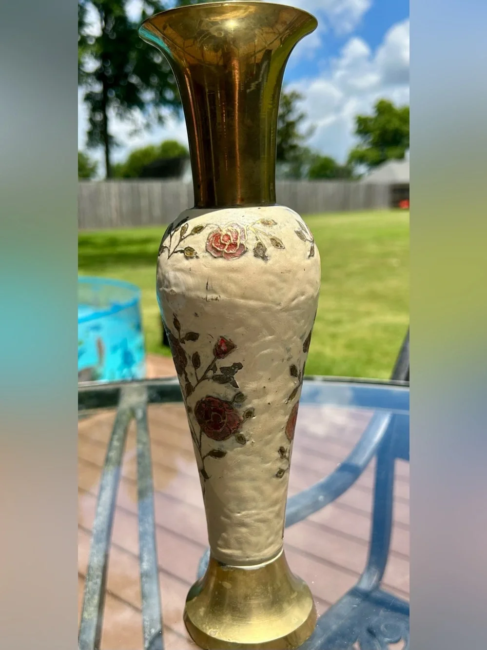 Vintage Enameled Brass Rose Bud Vase 70s India Cloisonne Style - Picture 4 of 12